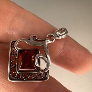 baltic amber silver tested pendant square scroll design